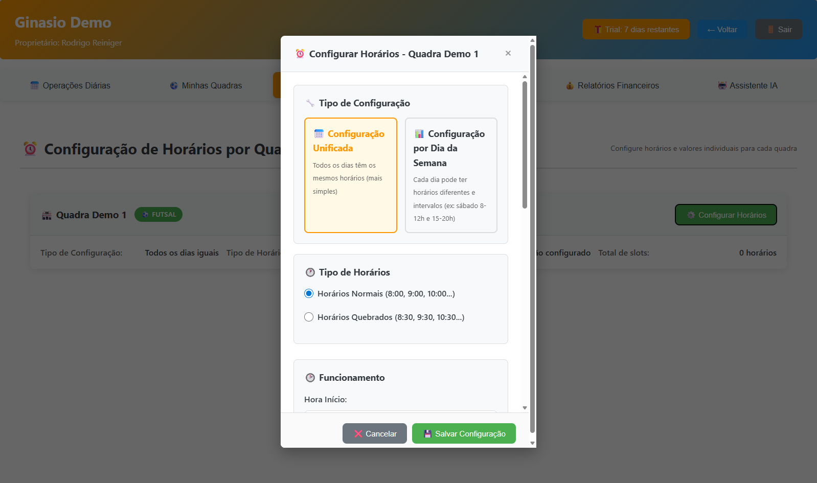 Configurar Horários