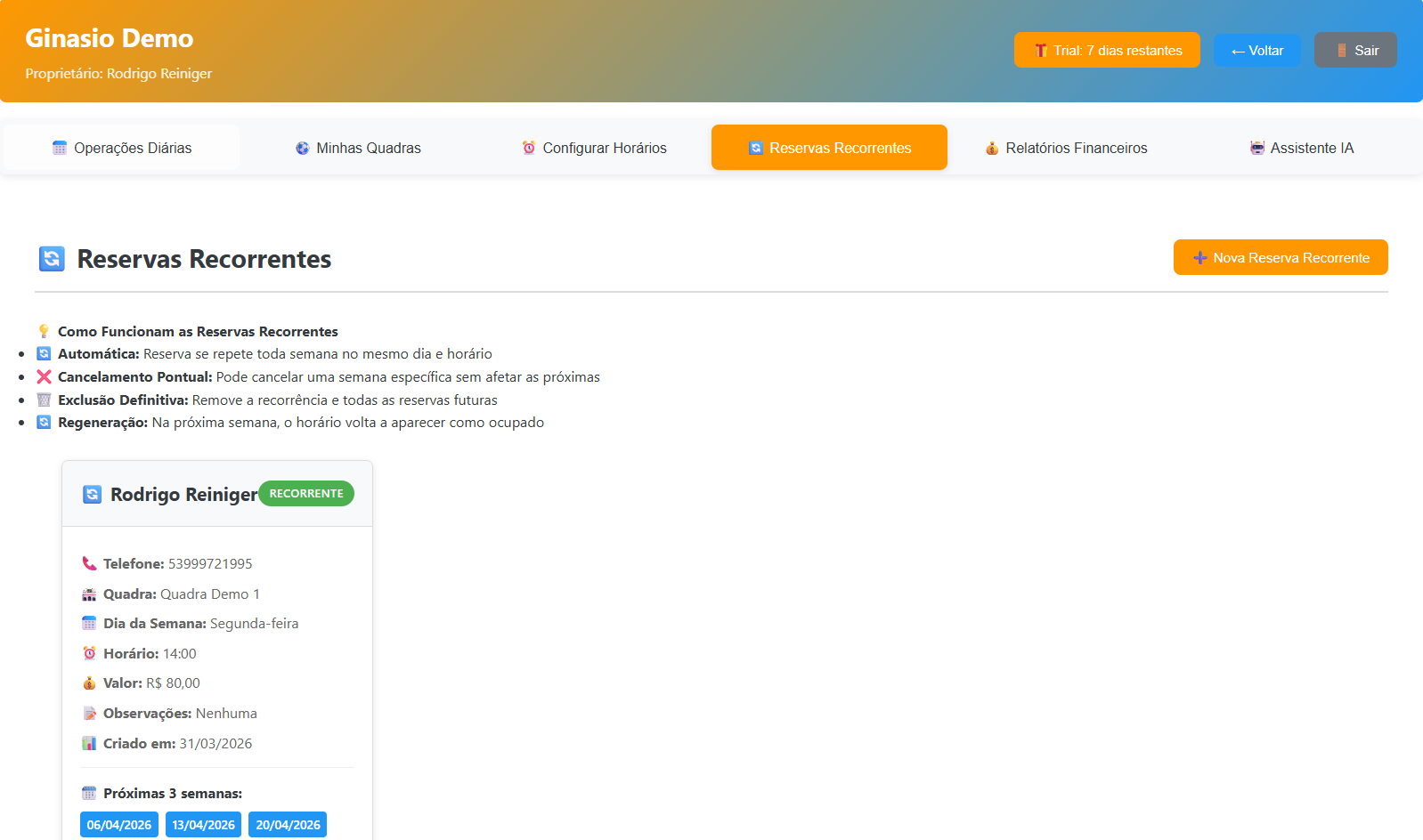 Reserva Recorrente Criada